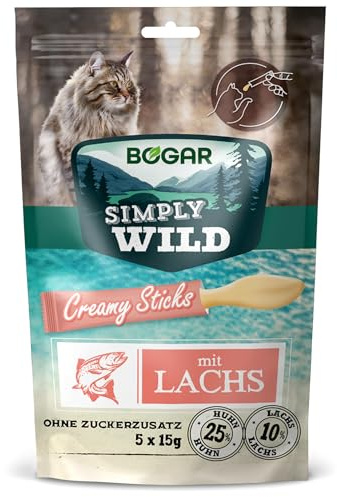 Bogar - Simply Wild - Snack gatti - Cibo per gatti - Integratore alla normale alimentazione - Stick gatto cremoso gusto Salmone - Per i momenti di interazione - 5x15g