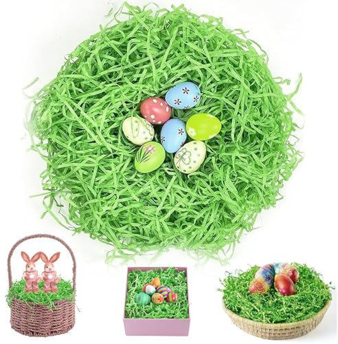 200g Herbe de Pâques en Papier Déchiqueté Fluffy Premium Remplissage Cadeau Écologique et Durable Idéal pour Paniers de Pâques, Marteau de Fête, Décoration de Boîtes Cadeaux et Artisanat DIY (Vert)