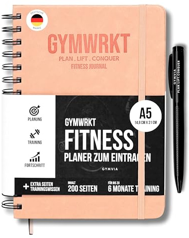 GYMWRKT Premium träningsdagbok, styrketräning, tysk med penna – A5 – gymloggbok, konditionsdagbok att fylla i – träningsplanerare, fitnessdagbok för män och kvinnor – träningsplanerare (rosa)