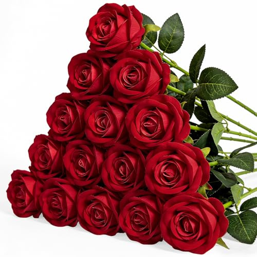 Riqiaqia 15PCS Artificial Flowers Fake Roses, Silk Artificial Red Roses with Stems Realistic Bouquets for Wedding Centerpiece Valentines Day Decorations Home Decor Party Crafts DIY