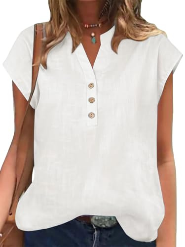 Arevill Women's Summer Cotton Linen Blouse Cap Sleeve V Neck Tops White