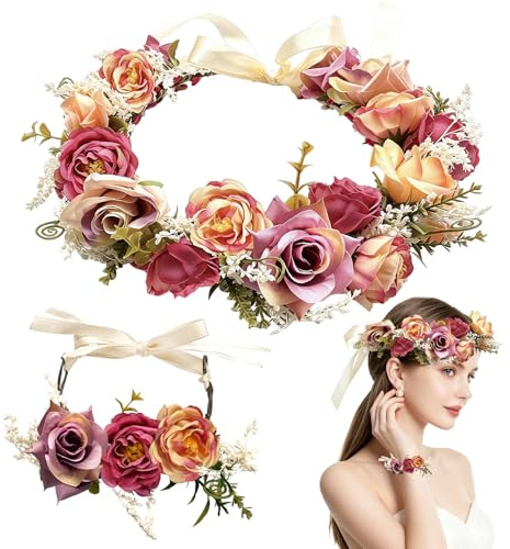 TZEKING Blomstergirlang och Armband Set, Blomkrön för Hår med Justerbar Huvudband, Boho Frisyr för Fröken, Kvinna, Flicka, Vuxen och Barn, för Bröllop, Fest, Strand, Festival