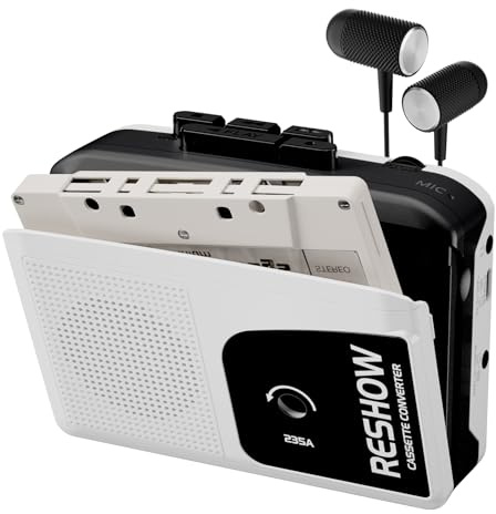 Reshow Grabadora de casete portátil, convertidor de casete USB a MP3, grabación inversa, con micrófono integrado y altavoz, incluye auriculares (blanco)