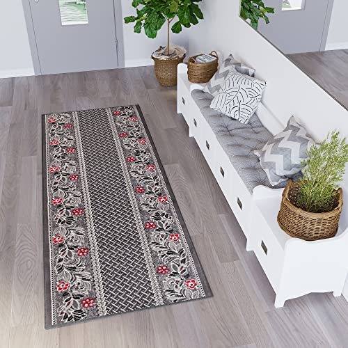TAPISO Dream Läufer Teppich Flur Brücke Modern Blumen Floral Streifen Abstrakt Muster in Grau Creme Rot Korridor Wohnzimmer ÖKOTEX 70 x 120 cm