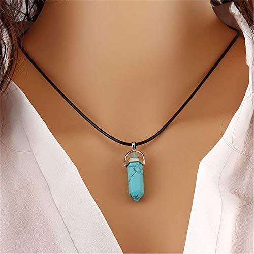 BEDSE Stone Necklaces for Women,7 Chakra Vintage Trendy Natural Turquoise Stone Hexagonal Column Pendant Leather Cord Choker Reiki Energy Balance Charm Gift for Men Girlfriend