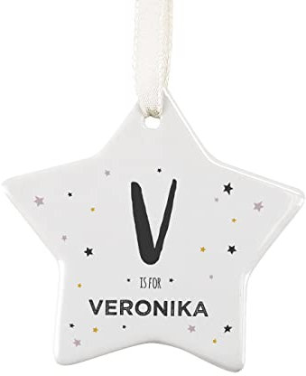 Herz & Heim® Christbaum Geschenk-Anhänger Keramik-Stern mit gratis Namensaufdruck Anfangsbuchstabe