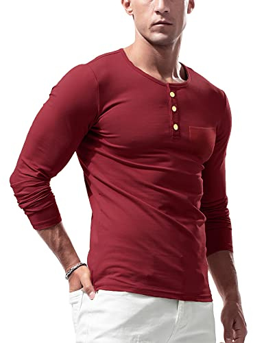 Uomo Basic Maglie a Manica Lunga Henley Magliette Casuale Tasca Frontale Muscolo Cime Vino Rosso L
