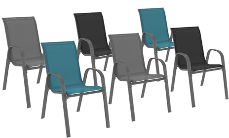 IDMarket - Lot de 6 chaises de Jardin LYMA métal et textilène empilables Gris, Noir et Bleu