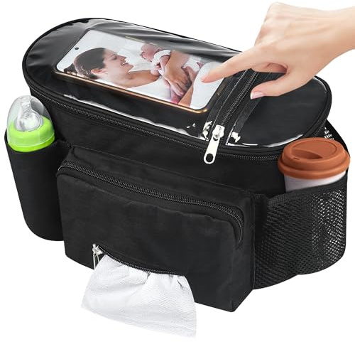 Pram Bag Pushchair Organiser with Touch Screen Phone Pocket Buggy Bag - Universal Mummy Baby Pram Cup Holders Pram Accessories