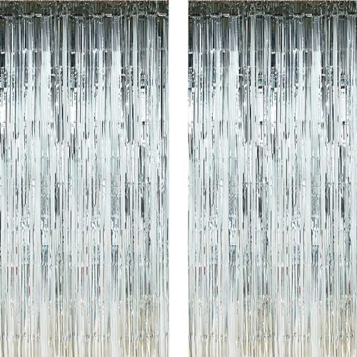Twinkle Star 2 Pack Lametta Vorhänge Silber 0.3mm Verdicken, Metallic Party Vorhange Geburtstag Foto Hintergrund Folien Fransen Luftschlangen Deko für Neujahr 2024 Silvester Disco Party Dekoration
