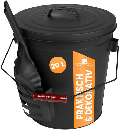 BLACK OAK Stromboli - Secchio per cenere da 20 l, nero con coperchio e pala, manico nero, grande, 20 litri, in acciaio zincato a prova di fuoco, verniciato a polvere, cenere e carbone, accessori per