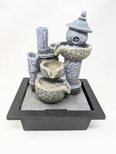 Zen Tabletop Water Fountain with LED Light & Plug – 30cm Japanese Pagoda Style Indoor Water Feature – Flowing Cascading Bowls for Home Office Desk Meditation – 18x22x30cm JR5197
