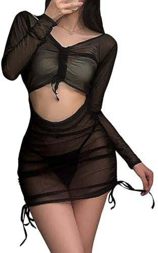 NewBull Vestido sexy transparente para mujer, manga larga, cuello en V, minivestido con cordón, plisado, hueco, vestido envolvente + tanga, babydoll, lencería de noche, camisón de tul, bikini, vestido