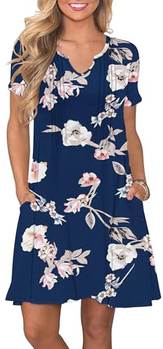 PLOKNRD Abiti Estivi da Donna con Scollo a V Abiti Plissettati Abiti T Shirt Moda Casual a Maniche Corte con Tasche(Fiori di Zaffiro,L
