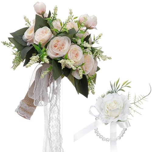 Satiskid Wedding Bride Bouquet and Wrist Flower, Artificial Champagne Rose Realistic Flowers, Romantic Wedding Bouquets for Bride Bridesmaid, Fake Flowers for Home Wedding Party Decor (Champagne)