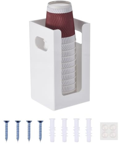 QUARKZMAN Dispensador de tazas de café desechables, 1 compartimento, taza de papel acrílico blanco y tapa organizador de almacenamiento de plástico con herramientas de montaje para el hogar, cocina