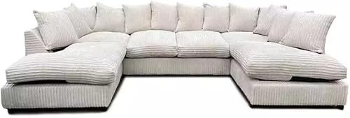 Jumbo Cord U Shaped Sofas - Washable Fabric Corner Sofa Grey - Comfortable 3 and 2 Seater Scatter Back - Large U Shape Bishop Modular Settee - Sofa Bed for Living Room Lounge (Cream, Scatterback)