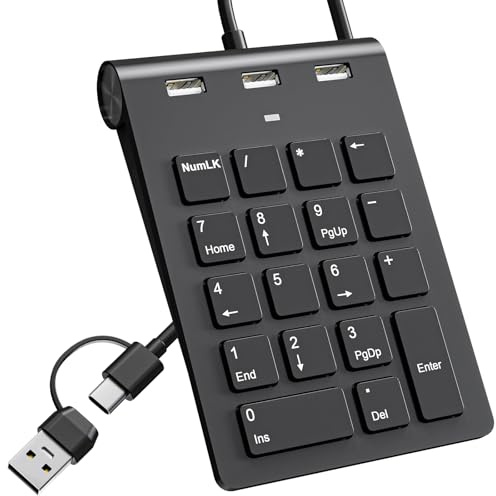 Tastierino numerico cablato USB C, tastierino numerico con 3 porte USB 2.0, mini tastiera portatile sottile a 18 tasti per laptop/desktop/iPad, tastierino numerico USB per Windows/Mac, nero