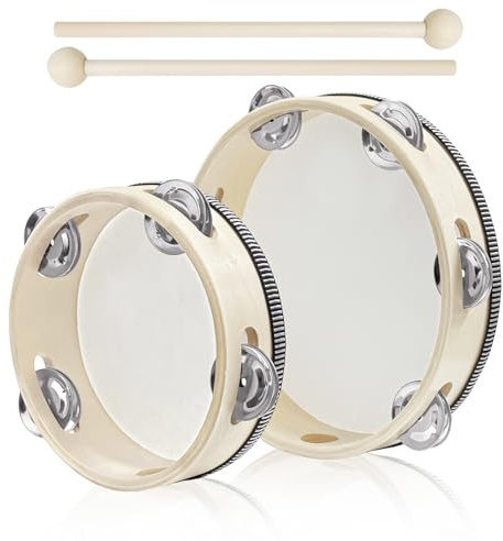 2 Stück Handtrommel 8 Zoll und 6 Zoll,Tamburin Holz für Erwachsene Kinder,Handtrommeln Tambourine Instrument für Kindergarten, Familie,Party und Musikunterricht (Holzfarbe)