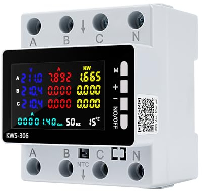 Medidor de Consumo Electrico Trifasico, 9 en 1 Medidor de Energía Digital Contador Electrico carril DIN con Memoria de apagado, Protección contra Sobretensión/Subtensión 85-290VAC 80A (Sin WiFi)