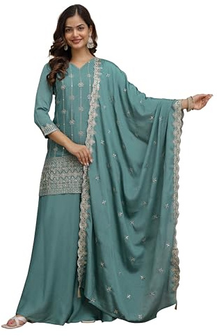 TRENDMALLS Women's Art Silk Embroidery Sequence Work Kurta Palazzo Set with Dupatta (G398-Turquoise-M)