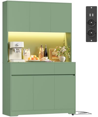 FirFurd Mobile Cucina, Credenza Cucina Alta con Presa e Luce LED, Mobile Dispensa con Ripiani Regolabili, Ampio Piano di Lavoro, per Sala da Pranzo, Soggiorno, 100x38,5x180cm (Verde)