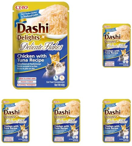 INABA Dashi Delights Delicate Flakes: Chicken with Tuna Recipe (1 x 40g) / Grain-Free, Rich in Protein, Natural Ingredients, Delicious and Healthy, Wet Cat Food (Pack of 5)