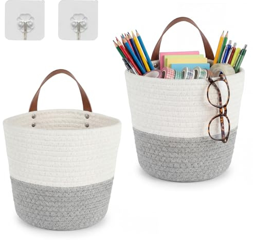 Eulihent Set de 2 Cestas Colgantes, Cesta Organizadora para Baño, Cesta de Cuerda de Algodón con Asas de Cuero, Cesta Trenzada para Colgar, 16 x 18 cm, Cestas de Pared para Sala de Estar, Baño