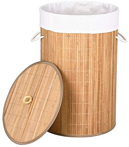Bakaji Cesto Biancheria Sporca Portabiancheria Casa in Legno di Bambù e Tessuto Contenitore Pieghevole Salvaspazio con Coperchio e Manici Capacità 70lt Dimensione 38 x 60 cm (Naturale)