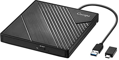 Cocopa Masterizzatore CD DVD Esterno USB 3.0 USB C, Lettore DVD Esterno Unità CD Esterna +/- RW Rom Dvd-R CD-RW Ultra Slim per Laptop PC Portatile Win 11/10/8/7/XP/Vista/Linux/Mac OS Apple