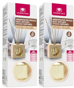 CRISTALINAS. Ambientador MIKADO. Cubo de Madera con varillas. 0% alcohol Mas de 4 semanas de duración. 30ml. Aroma VAINILLA. (Pack 2)