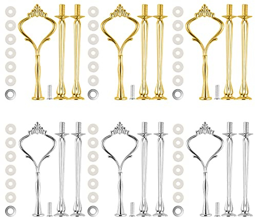 6 Set Large Tiered Tray Hardware for Cake Stand Mold Crown upgrade 3 Tier Cake Stand Fittings Hardware Holder for Party and Wedding Making Resin Cupcake Dessert Platter Serving Stand (Gold & Silver)