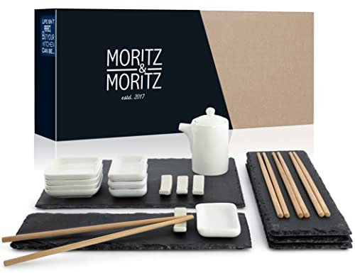 Moritz & Moritz 22-tlg. Sushi Geschirr Set für 4 Personen - Servierset mit 4x Teller, 1x Servierplatte, 4x Dip-Schälchen, 8x Stäbchen u.v.m.