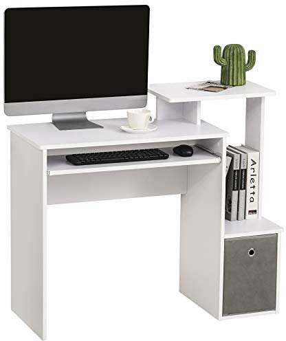 HOMCOM Bureau Informatique multimédia étagères Tablette Clavier Panier Gris Panneaux Particules Blanc