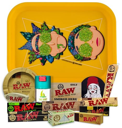 Plateau à rouler Rick and Morty 19 x 25cm + Cendrier RAW + Pot anti-odeur + Papier à rouler Raw Organique, Noir, Classic KingSize + Tips + Cône + Autocollants - Cadeau pour les fumeurs