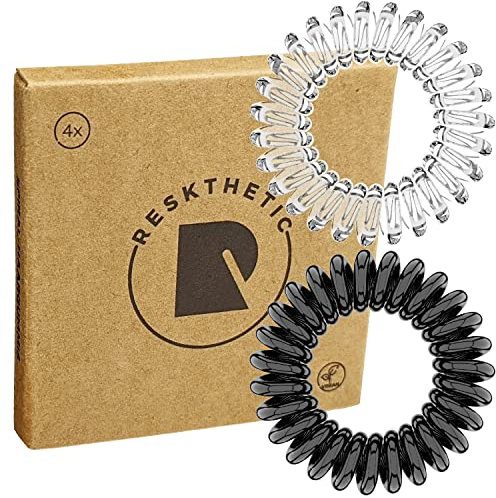 Reskthetic - hochwertige Spiral Haargummi (transparent/schwarz), schonend zum Haar, nachhaltig, umweltfreundlich, (Telefonkabel, Zopfgummis) für Mädchen & Frauen/Damen (4 x 4 cm)
