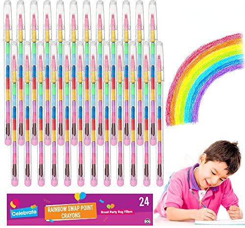 SOL 24pk Rainbow Swap Point Crayons, Twistable Crayons for Party Bags, 10 Assorted Stacking Colour, No Sharpening Required, Durable & Child-Friendly Mess-Free Colouring, Ideal Party Favour & Fillers