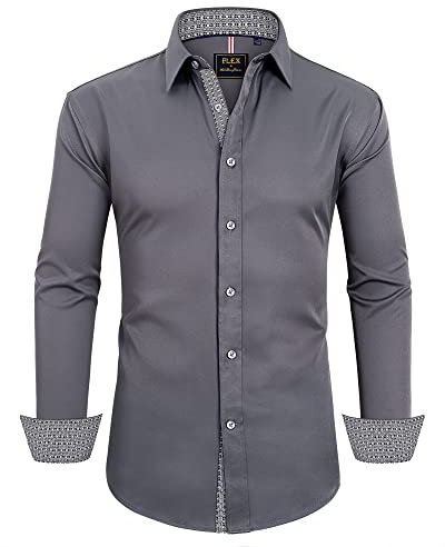 siliteelon Hemden für Herren Langarm Bügelleicht Büro Arbeit Businesshemd Regular Fit Anzughemd Mit Tasche Pflegefreies Businesshemd Grau XXL
