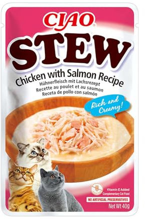 INABA Ciao Stew Katzensnacks 86% Feuchtigkeit und Vitamin E, Cremige Premium Katzenleckerlis mit Huhn & Lachs 40 g (1er Pack), Leckere Ergänzung für Nass- und Trockenfutter