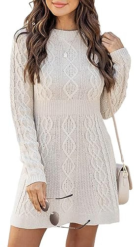 Ebifin Strickkleid Damen Rundhals Strickpullover Kleid Elegant Tunika Pullikleid Winterkleid Sweater A-Linie Minikleid.Beige.XS