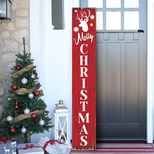 Merry Christmas Welcome Sign for Front Porch Standing, Snowflake Elk Wooden Porch Sign for Xmas Front Door Decorations, Rustic Farmhouse Red Hanging Signs Wall Sign for Christmas Decor 47.2H