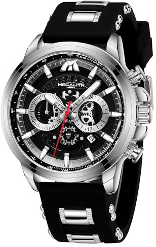 MEGALITH Herren Uhren Chronograph Armbanduhr: Analog Wasserdicht Gummi - Schwarz Groß Geschenk fur Männer Silber-Gehäuse