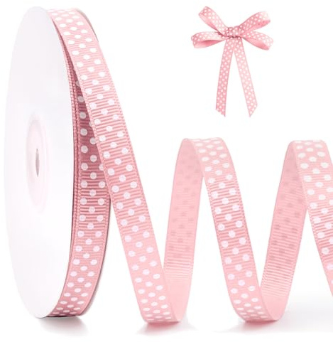 FAKILO Polka Dot Grosgrain Ribbon 10mm X 22m White and Pink Ribbon for Valentines Gift Wrapping DIY Crafts Sewing Hair Bows Wedding Birthday Party and Home Decoration