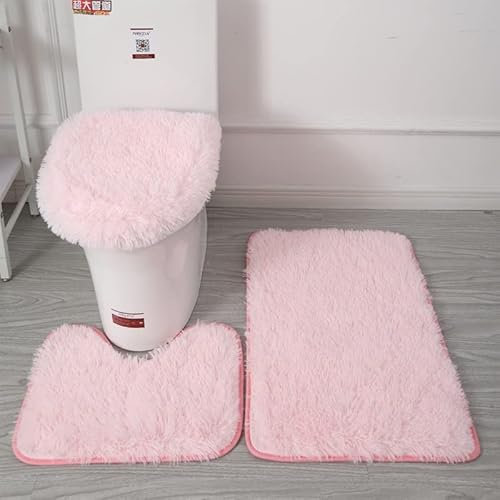 3-teiliges Badezimmerteppich-Set, weiche Mikrofaser, rutschfeste Badematte, flauschiger Plüsch-WC-Sitzbezug für Badezimmer, wasserabsorbierende Badematte, maschinenwaschbar (Rosa)