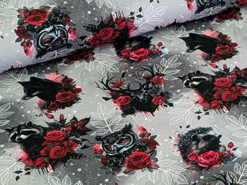 corileo Baumwolljersey, 95% Baumwolle, Eule Muster, Jersey, Wildtiere mit Rosen auf Grau, Schwarz/Rot/Grau