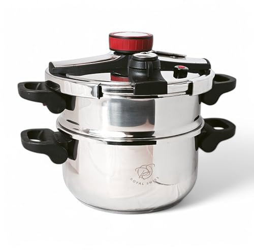 Royal Swiss Schnellkochtopf aus Edelstahl, 8 l, induktionsgeeignet, inklusive Dampfkorb, verstärkte Sicherheit, großes Fassungsvermögen, schnelles und energiesparendes Kochen