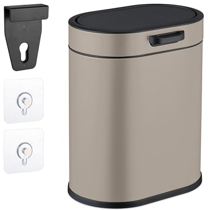 Relaxdays Cestino da Bagno, con Adesivo da Muro o Gancio per Anta, Pattumiera 5 L, Secchio Interno, in Ferro, Beige