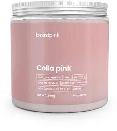 BeastPink Colla Pink - Schönheitsdrink für Frauen, mit Hyaluronsäure, Kollagenpeptiden, Traubenkern-Extrakt, Selen & Zink, zuckerfrei, unterstützt Haut, Haare & Nägel (240 g, Himbeere)