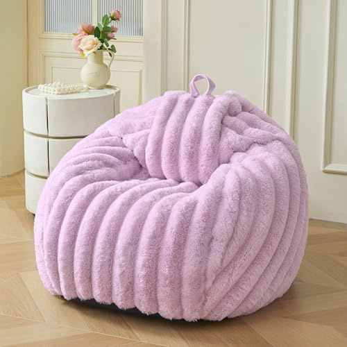 MEGO Fluffy Faux Rabbit Fur Bean Bag Chair Cover(No Filler), Soft Plush Light Purple Striped Stuffed Animal Storage Beanbag, 3FT Big Fuzzy Furry Ribbed Floor Lounger for Bedroom Living Room, Lavender
