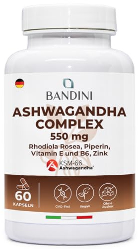 Bandini® Ashwagandha Complex KSM-66® Forte con Rhodiola Rosea, Zinco, Vitamina E e B6 – Withania Somnifera ad Alto Dosaggio – 60 Capsule Vegane – Integratore Naturale